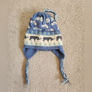 Vintage L.L. Bean Blue and Cream Kids Knit Hat with Goat Nordic Pattern, Scandi